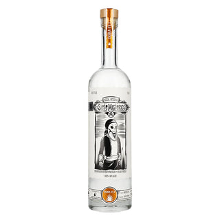 Los Siete Misterios Doba Yej Mezcal 700ml comes in a tall clear bottle with a wooden cork, featuring a black and white skeleton illustration on the label, and offers notes of sweet agave balanced by light smoke.