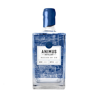 A clear 700ml bottle of Animus Distillery Macedon Dry Gin features a blue wax seal, white label with batch and bottle numbers, and blue architectural line art background highlighting botanicals like juniper and mountain pepperberry.