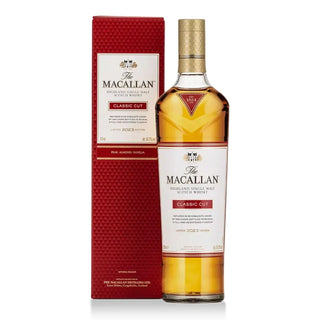 A bottle of The Macallan Classic Cut Highland Single Malt Scotch Whisky next to its red textured packaging box, on a clean white background.