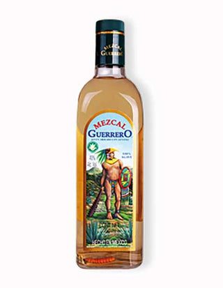 Guerrero Mezcal features a vibrant label of an indigenous warrior with shield and spear among agave plants. The clear amber spirit offers smoky agave flavors, with a traditional worm resting at the bottom of the bottle.