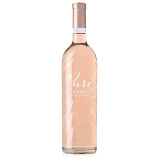 A bottle of Mirabeau Provence rosé wine with pale pink liquid, a metallic rose gold foil capsule, and a white label with elegant script, set against a plain white background.