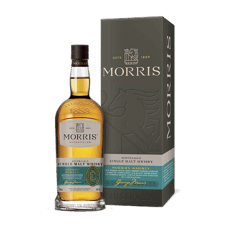 A bottle of Morris Whisky Sherry Barrel Australian Single Malt stands by its grey, gold, and teal box with the Morris logo, noted for a toffee aroma and candied citrus finish.