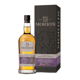 A bottle of Morris Tokay Barrel Australian Single Malt Whisky stands beside its matching grey and purple box, which features a horse graphic, the Morris logo, and highlights notes of butterscotch and dried pears.