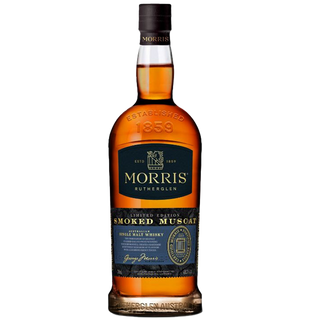 A bottle of Morris Limited Edition Smoked Muscat Australian Single Malt Whisky, with a brown and gold label showcasing its amber liquid, hints at flavors of chili chocolate and charred pineapple.