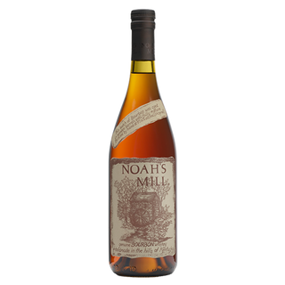 A bottle of Willett Family Estate Noah’s Mill Bourbon Whiskey with a cork top and beige label featuring a mill illustration, brand details, and rich notes of caramel and toasted walnuts.