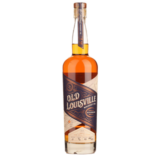 A bottle of Old Louisville Whiskey Co. Straight Bourbon Whiskey Batch 2, with amber liquid and a navy blue and cream label accented in gold, sits against a white background—caramel and vanilla notes promise a rich tasting experience.