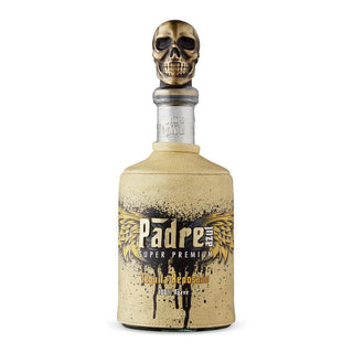 A 700ml bottle of Pādre Azul Super Premium Tequila Reposado features a tan textured label with gold wings, a metallic skull cap, and offers notes of vanilla caramel and smooth cooked agave.