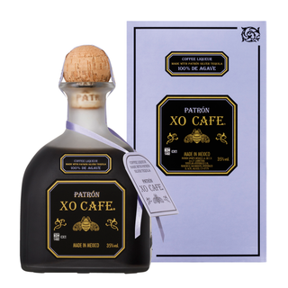 A 1L bottle of Patron XO Café Coffee Liquor with a cork top stands before its matching box. Both feature black and gold labels with the bee logo, brand name, and product details, emphasizing rich espresso and sweet agave notes.