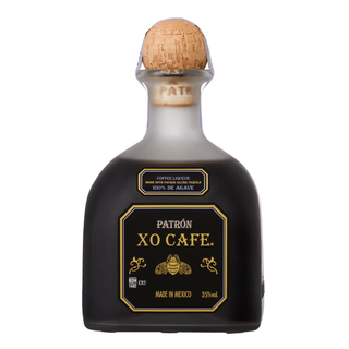 Patron XO Café Coffee Liquor 1L features a round wooden cork, black label with gold accents, rich coffee aroma, and sweet agave notes. The label reads 100% de agave, Made in Mexico, and 35% vol.