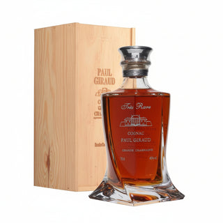 Bottle of Paul Giraud cognac with wooden box on a white background