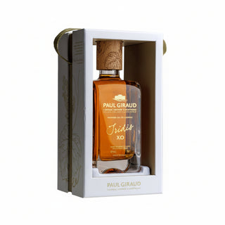 Bottle of Paul Giraud Tridus XO cognac in a white box on a white background