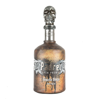 A 3L bottle of Pādre Azul Super Premium Tequila Añejo features a metallic skull stopper, winged logo on a brown textured bottle, and a label stating 100% Agave, with sweet agave and toasted oak notes in every sip.