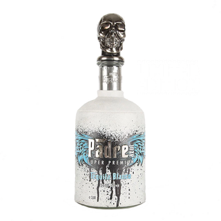 A 3L bottle of Pādre Azul Super Premium Tequila Blanco with a metallic skull-shaped cap, blue wing graphics, and black text on a white speckled background delivers smooth agave flavor with subtle citrus hints.