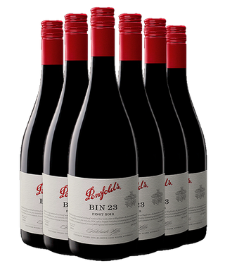 Six bottles of Penfolds Bin 23 Pinot Noir wine on a white background