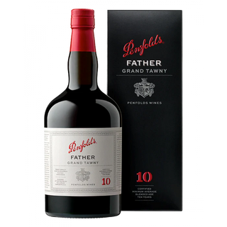 Penfolds Father Grand Tawny wine bottle and packaging on a white background