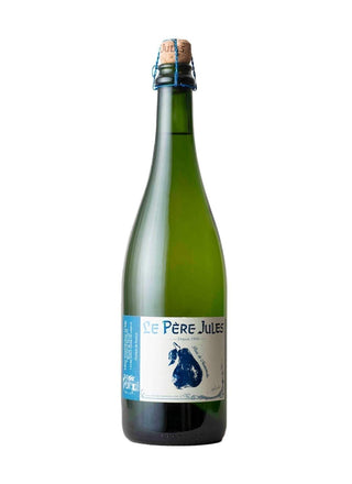 Green bottle of Le Pere Jules with a cork on a white background