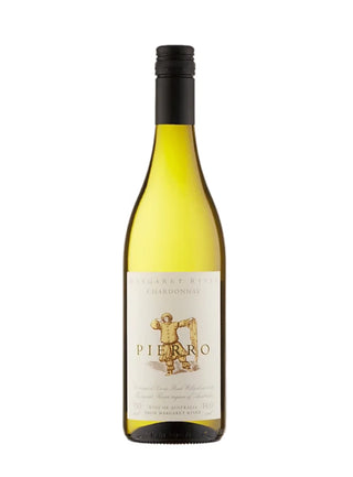 A bottle of Pirdaro Margaret River Chardonnay white wine, featuring a pale yellow liquid inside a dark glass bottle with a cream-colored label and a black screw cap, set against a plain white background.