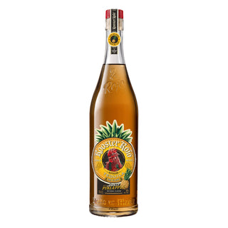 A 700ml bottle of Rooster Rojo Reposado Smoked Pineapple Tequila with a gold-colored label featuring a rooster and agave, sealed with a red and gold cap. The light amber tequila has notes of smoked pineapple, sweet agave, and vanilla.