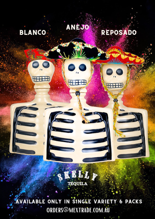 A skeleton-shaped bottle of Los Azulejos Skelly Blanco Tequila 750ml, wearing a colorful sombrero, stands against a vibrant background. Fresh agave and citrus notes highlight this festive tequila, available in 6 packs.