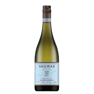 A bottle of Soumah Yarra Valley Chardonnay white wine, featuring a dark green glass bottle, a brown screw cap, and a light blue label with black text.