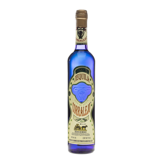 A blue glass bottle of Tequila Corralejo Reposado 750ml with a cork top and tan label featuring gold and green accents stands upright on a white background, highlighting its toasted oak and agave notes.