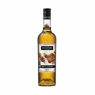 Bottle of Vedrenne chestnut liqueur on a white background
