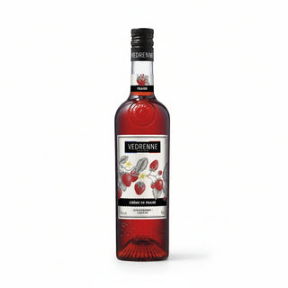 Red bottle of Vedrenne strawberry liqueur on a white background