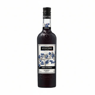 Bottle of Vedrenne Myrtille liqueur on a white background