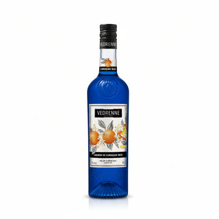Blue bottle of Vedrenne liquor on a white background