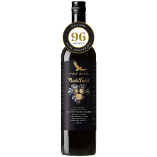 Wolf Blass Black Label wine bottle with a gold label on a white background