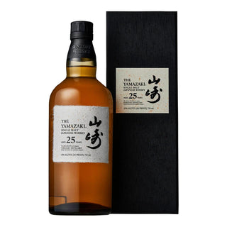 Yamazaki 25-year-old whiskey bottle and packaging on a white background
